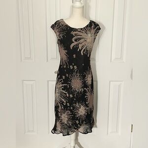 NWOT LORI M COLLECTION Midi Floral Dress, Lined, Black Beige White, Size Medium